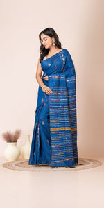 Blue Khes Kantha Saree with Floral Patterns-Kantha saree-parinitasarees