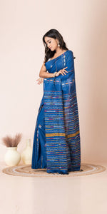 Blue Khes Kantha Saree with Floral Patterns-Kantha saree-parinitasarees