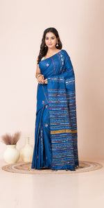 Blue Khes Kantha Saree with Floral Patterns-Kantha saree-parinitasarees