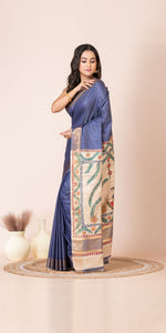 Blue Madhubani Painted Bapta Tussar Silk Saree-Tussar Saree-parinitasarees