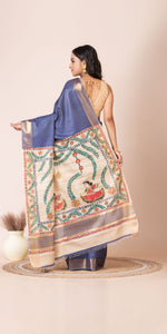 Blue Madhubani Painted Bapta Tussar Silk Saree-Tussar Saree-parinitasarees