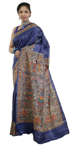 Blue Madhubani Painted Tussar Silk Saree-Tussar Saree-parinitasarees