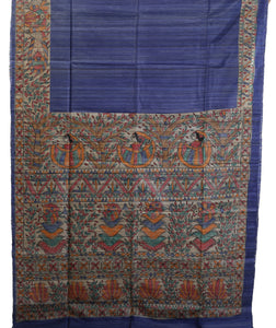 Blue Madhubani Painted Tussar Silk Saree-Tussar Saree-parinitasarees