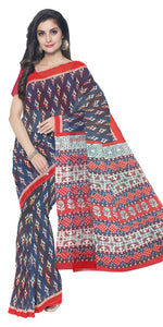 Blue Mul Cotton Saree with Floral Block Prints-Mul Cotton-parinitasarees