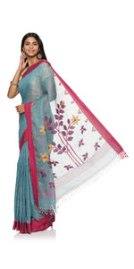 Blue Pure Linen Jamdani Saree-Linen Saree-parinitasarees