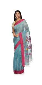 Blue Pure Linen Jamdani Saree-Linen Saree-parinitasarees