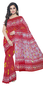 Brick Red Mul Cotton Saree with Geometric Block Prints-Mul Cotton-parinitasarees