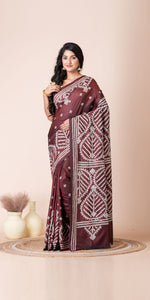 Brown Blended Silk Kantha Saree with Kutch Embroidery-Kantha saree-parinitasarees