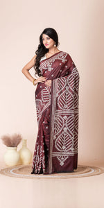 Brown Blended Silk Kantha Saree with Kutch Embroidery-Kantha saree-parinitasarees