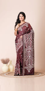 Brown Blended Silk Kantha Saree with Kutch Embroidery-Kantha saree-parinitasarees