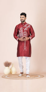 Brown Dupion Silk Panjabi with Kantha Embroidery-Men's Kurtas-parinitasarees