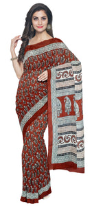 Brown Mul Cotton Saree with Floral Block Prints-Mul Cotton-parinitasarees