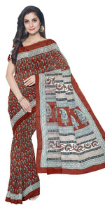 Brown Mul Cotton Saree with Floral Block Prints-Mul Cotton-parinitasarees