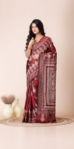 Brown Pure Silk Kantha Saree with Floral Motifs-Kantha saree-parinitasarees