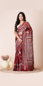 Brown Pure Silk Kantha Saree with Floral Motifs-Kantha saree-parinitasarees