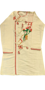 Cream Dupion Silk Panjabi with Pujo Theme Kantha Embroidery-Men's Kurtas-parinitasarees