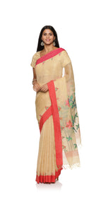 Cream Pure Linen Jamdani Saree-Linen Saree-parinitasarees