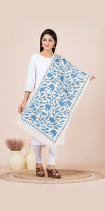 Cream Tussar Kantha Dupatta with Blue Floral Embroidery-Dupattas-parinitasarees