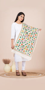 Cream Tussar Kantha Dupatta with Colourful Floral Embroidery-Dupattas-parinitasarees