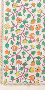 Cream Tussar Kantha Dupatta with Colourful Floral Embroidery-Dupattas-parinitasarees