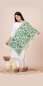 Cream Tussar Kantha Dupatta with Green Floral Embroidery-Dupattas-parinitasarees