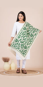 Cream Tussar Kantha Dupatta with Green Floral Embroidery-Dupattas-parinitasarees