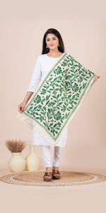 Cream Tussar Kantha Dupatta with Green Floral Embroidery-Dupattas-parinitasarees