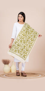 Cream Tussar Kantha Dupatta with Mehendi Floral Embroidery-Dupattas-parinitasarees