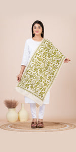 Cream Tussar Kantha Dupatta with Mehendi Floral Embroidery-Dupattas-parinitasarees