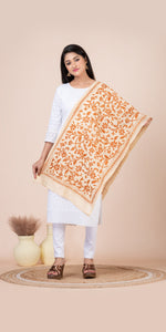 Cream Tussar Kantha Dupatta with Orange Floral Embroidery-Dupattas-parinitasarees