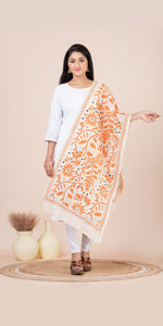 Cream Tussar Kantha Dupatta with Orange Floral Embroidery-Dupattas-parinitasarees