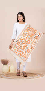 Cream Tussar Kantha Dupatta with Orange Floral Embroidery-Dupattas-parinitasarees