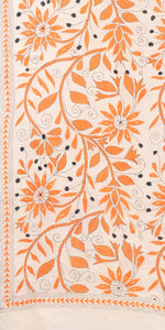 Cream Tussar Kantha Dupatta with Orange Floral Embroidery-Dupattas-parinitasarees