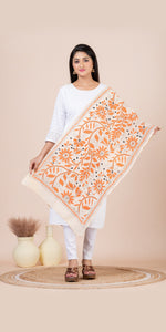 Cream Tussar Kantha Dupatta with Orange Floral Embroidery-Dupattas-parinitasarees