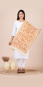 Cream Tussar Kantha Dupatta with Orange Floral Embroidery-Dupattas-parinitasarees