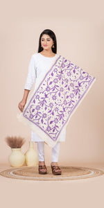 Cream Tussar Kantha Dupatta with Purple Floral Embroidery-Dupattas-parinitasarees