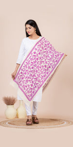 Cream Tussar Kantha Dupatta with Purple Floral Embroidery-Dupattas-parinitasarees