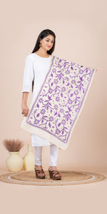 Cream Tussar Kantha Dupatta with Purple Floral Embroidery-Dupattas-parinitasarees