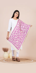 Cream Tussar Kantha Dupatta with Purple Floral Embroidery-Dupattas-parinitasarees