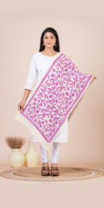 Cream Tussar Kantha Dupatta with Purple Floral Embroidery-Dupattas-parinitasarees