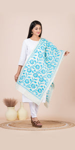 Cream Tussar Kantha Dupatta with Sky Blue Floral Embroidery-Dupattas-parinitasarees