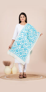 Cream Tussar Kantha Dupatta with Sky Blue Floral Embroidery-Dupattas-parinitasarees