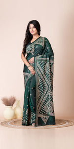 Deep Green Blended Silk Kantha Saree with Kutch Embroidery-Kantha saree-parinitasarees