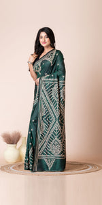 Deep Green Blended Silk Kantha Saree with Kutch Embroidery-Kantha saree-parinitasarees