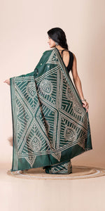 Deep Green Blended Silk Kantha Saree with Kutch Embroidery-Kantha saree-parinitasarees