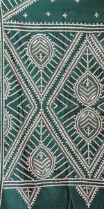 Deep Green Blended Silk Kantha Saree with Kutch Embroidery-Kantha saree-parinitasarees