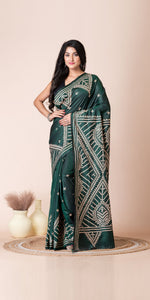 Deep Green Blended Silk Kantha Saree with Kutch Embroidery-Kantha saree-parinitasarees