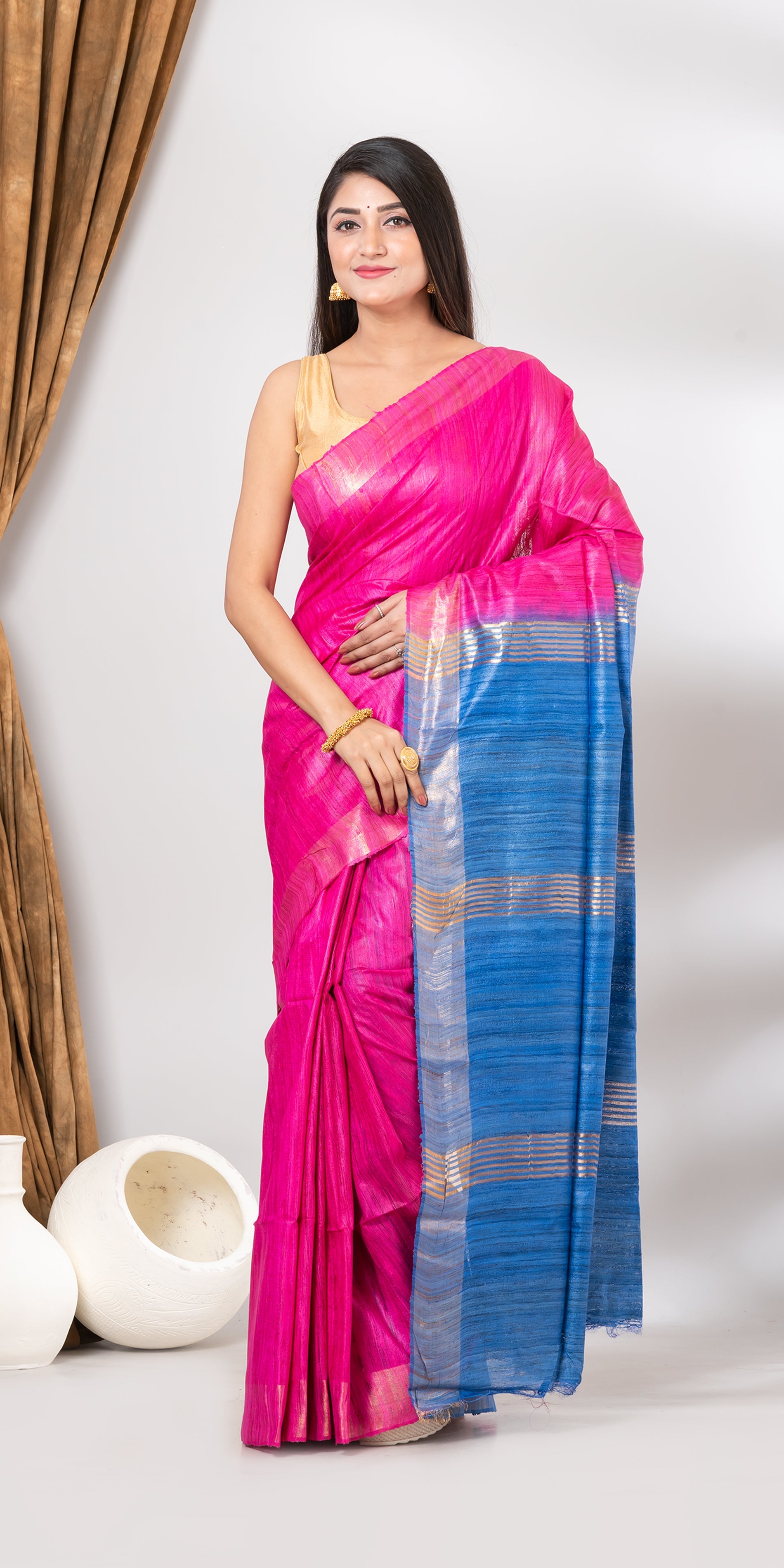 Ikat Printed Tussar Ghicha Silk Saree || Peepal Clothing