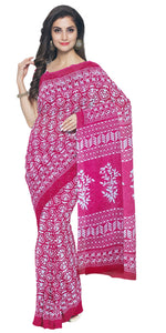 Deep Pink Mul Cotton Saree with Floral Block Prints-Mul Cotton-parinitasarees