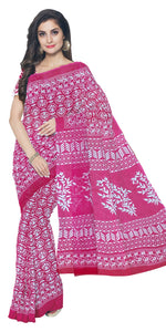 Deep Pink Mul Cotton Saree with Floral Block Prints-Mul Cotton-parinitasarees